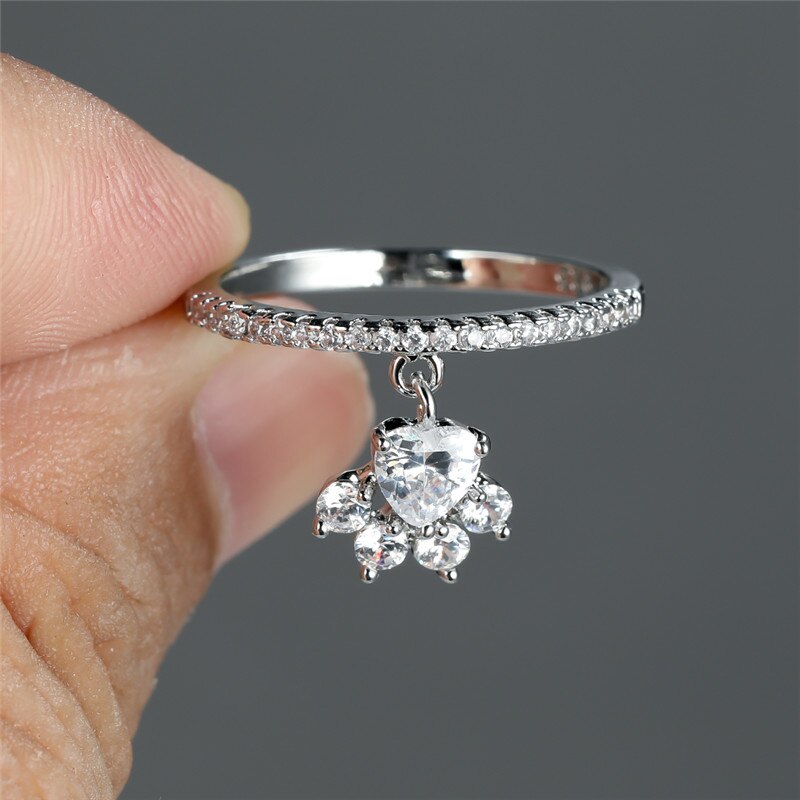 Bague patte de chien en Zircon blanc, pendentif patte de chat mignon, anneau en pierre de cœur d&#39;amour, Vintage, couleur or argent, empreintes d&#39;animaux pour femmes: 6 / Silver