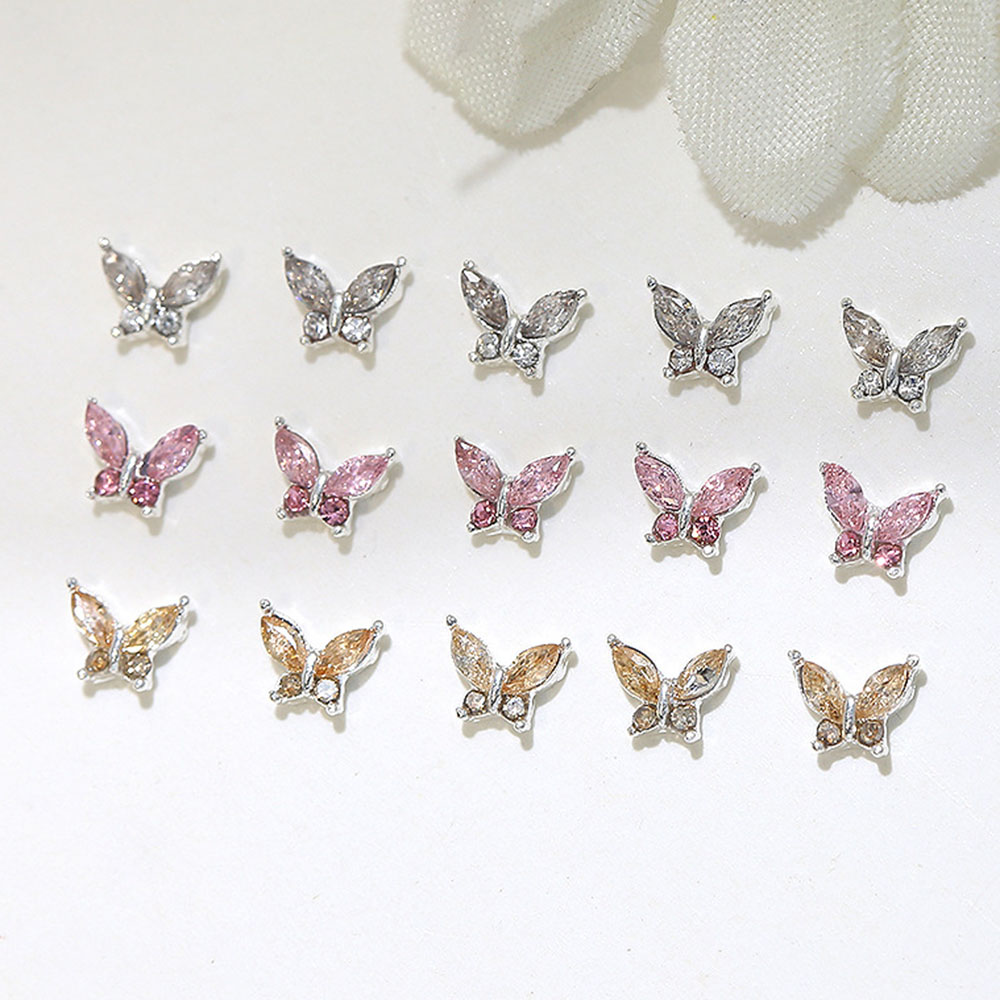 10 Stück Mini 4*5mm Kristall Schmetterling Nagel Kunst Reize 3D Diamant Schmuck Teile Rosa Klar Metall Manikübetreffend Dekoration Strass Edelsteine