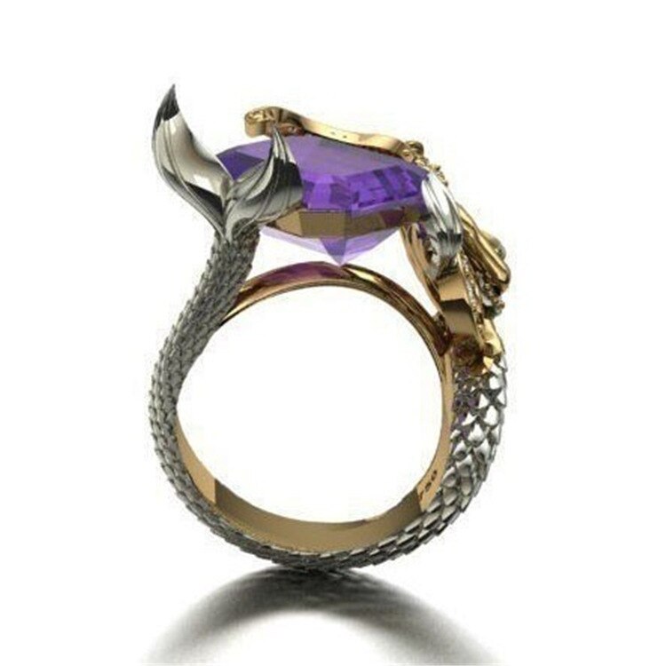 Luxury Personality Ring Inlaid Mermaid Purple Colors Zircon Double color Ring For Women Female Jewelry Party Anniversary