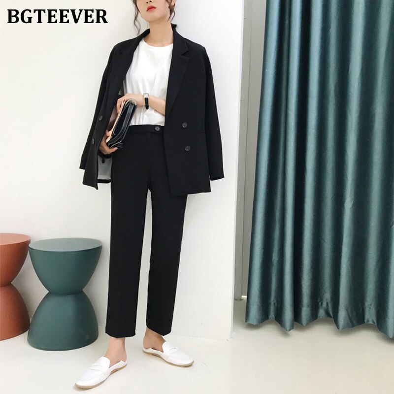 Bgteever vintage vaaleanvihreä naisten puvut kaksiriviset naisten housupuvut bleiseritakki ja lyijykynä housut rento 2 kpl setti femme: Musta / Xl