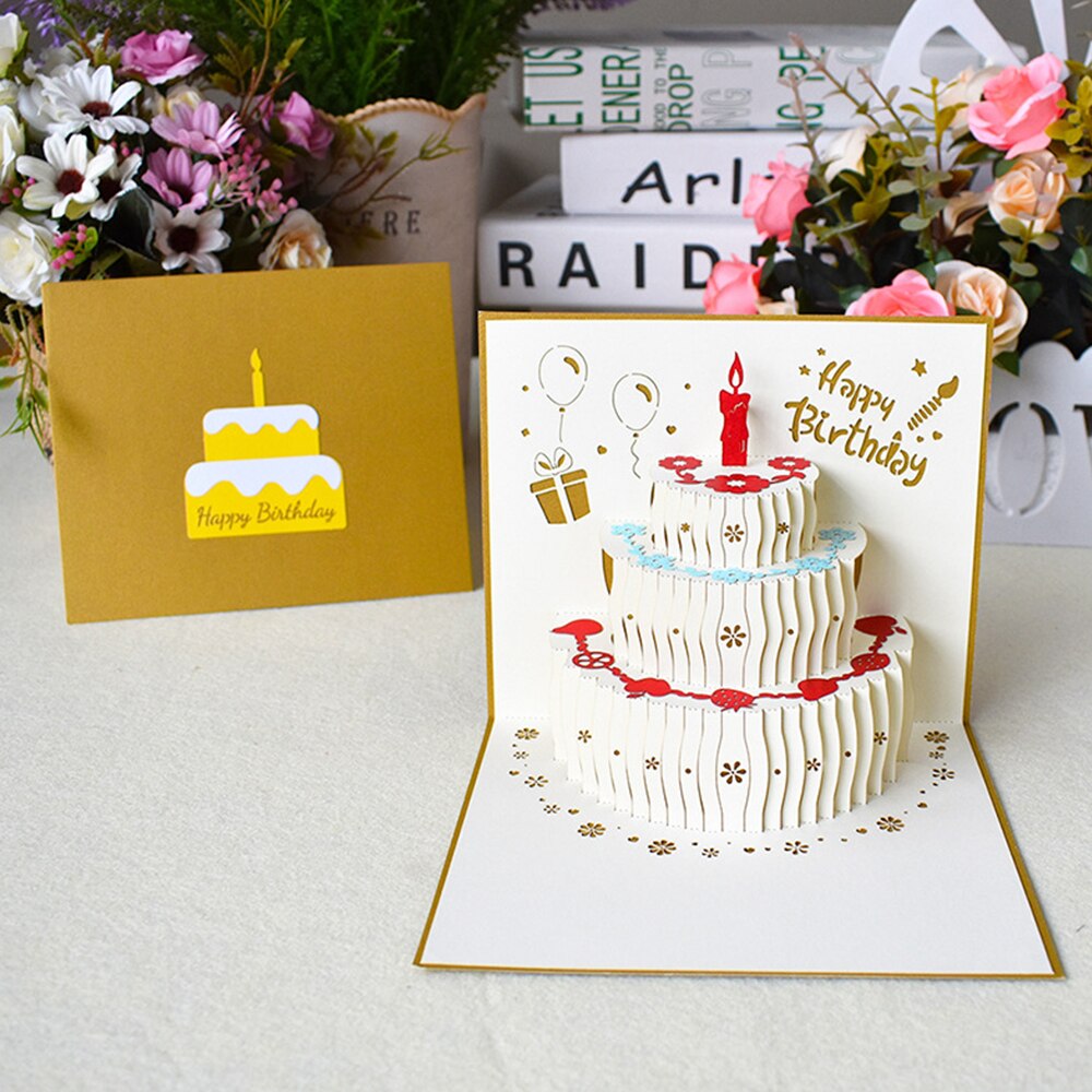 Tarjetas Pop-Up 3D, tarjetas de pastel de cumpleaños para niños, esposa, marido, tarta de cumpleaños, tarjetas postales, tarjetas de: Dorado