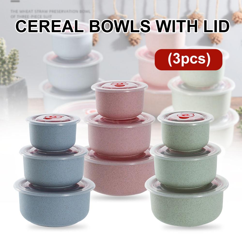 3pcs 300/500/900ml Wheat Straw Food Storage Containers with Lid Microwave Safe Cereal thickening Bowl With silicone seal