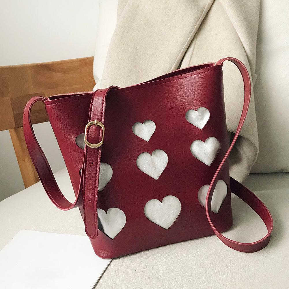 Ins Mode Vrouwen Hart Hollow Out Emmer Zakken Zachte Pu Lederen Messenger Schoudertas Vrouwelijke Effen Composiet Zakken Bolsos: Red