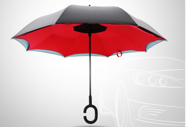 C-krog hænder til bil 2- lag omvendt vindtæt paraply påfugl rød prik bil paraply selvstand regnbeskyttelse