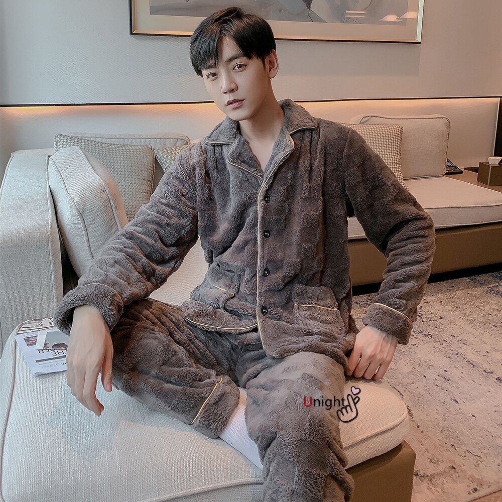 Pijamas gruesos de franela cálida para hombre, ropa de dormir larga, de lana Coral, para el hogar, 3xl, 4XL, Otoño e Invierno
