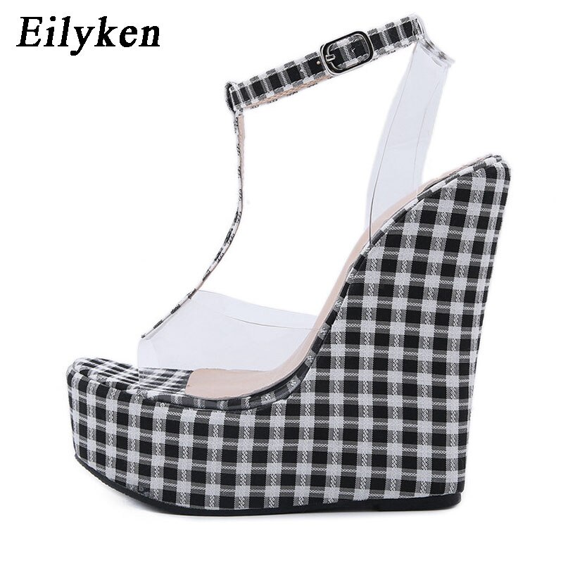 Eilyken Summer PVC Transparent Platform Wedges Gingham Sandals Women High Heels Female Summer Shoes