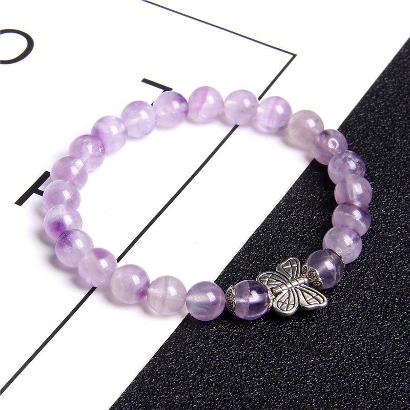 Natuurlijke Amethisten Qyartz Kristal Kralen Armband Mode Antiek Zilver Kleur Vlinder Kralen Bedelarmband Voor Vrouwen Sieraden: Amethyst / 23CM