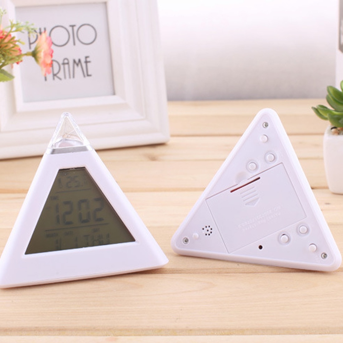 Pyramid Shaped Digital Multifunction Color to change LED Light Table Desktop Snooze Triangle Alarm Clock Despertador