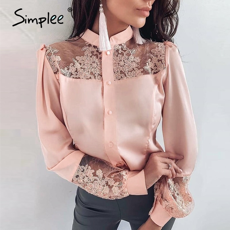 Simplee grande taille dentelle broderie femmes blouse chemise à manches longues patchwork femme hauts chemises printemps été bureau dames hauts