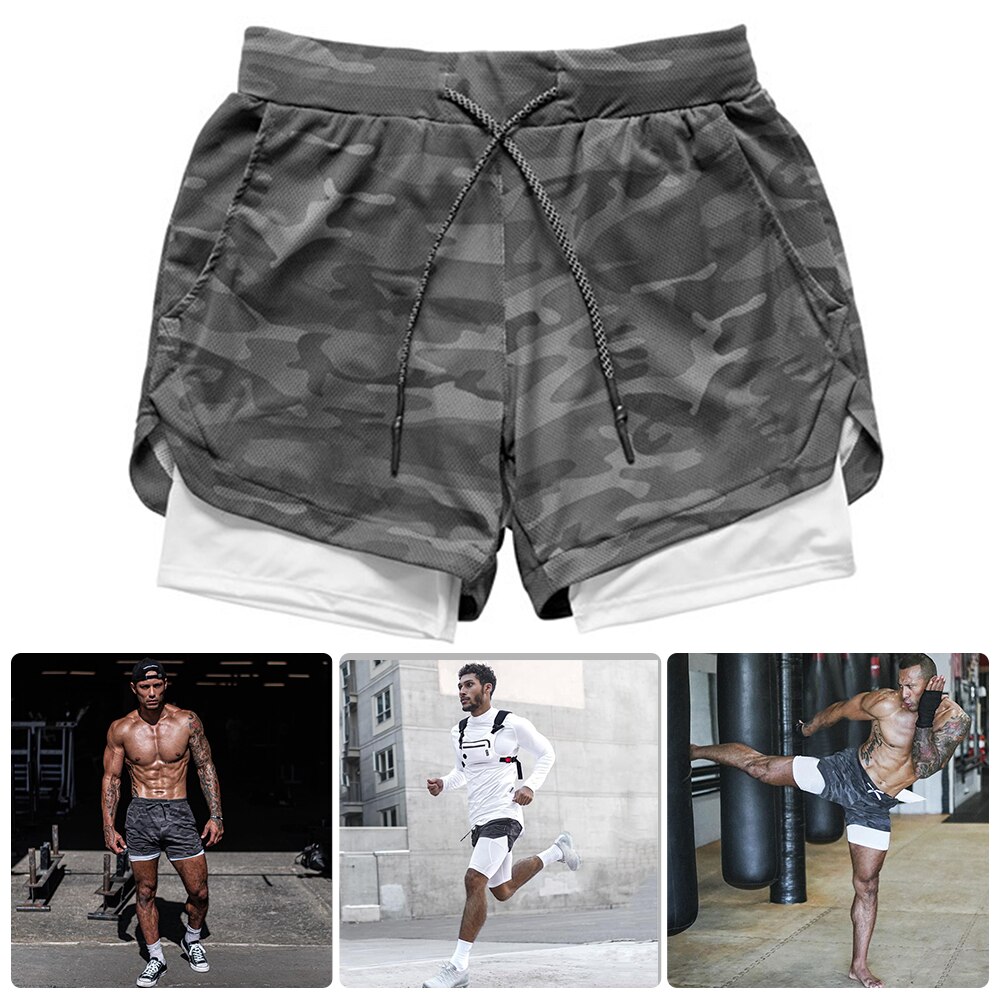 Lauf Camo kurze Hose Männer 2 in 1 Doppel-Deck schnell trocken Fitnessstudio Sport kurze Hose Fitness Joggen trainieren kurze Hose männer Sport Kurze Hosen