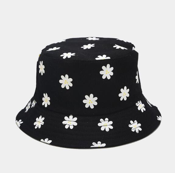 Koreansk stil dobbeltsidet bomuld blomsterprint spand hat fisker hat udendørs rejse hat sol cap hatte til mænd og kvinder: Sort