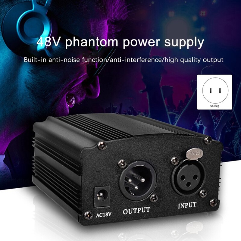 48V Dc Phantom Power Supply for Studio Recording Condenser Microphone Computer-US Plug