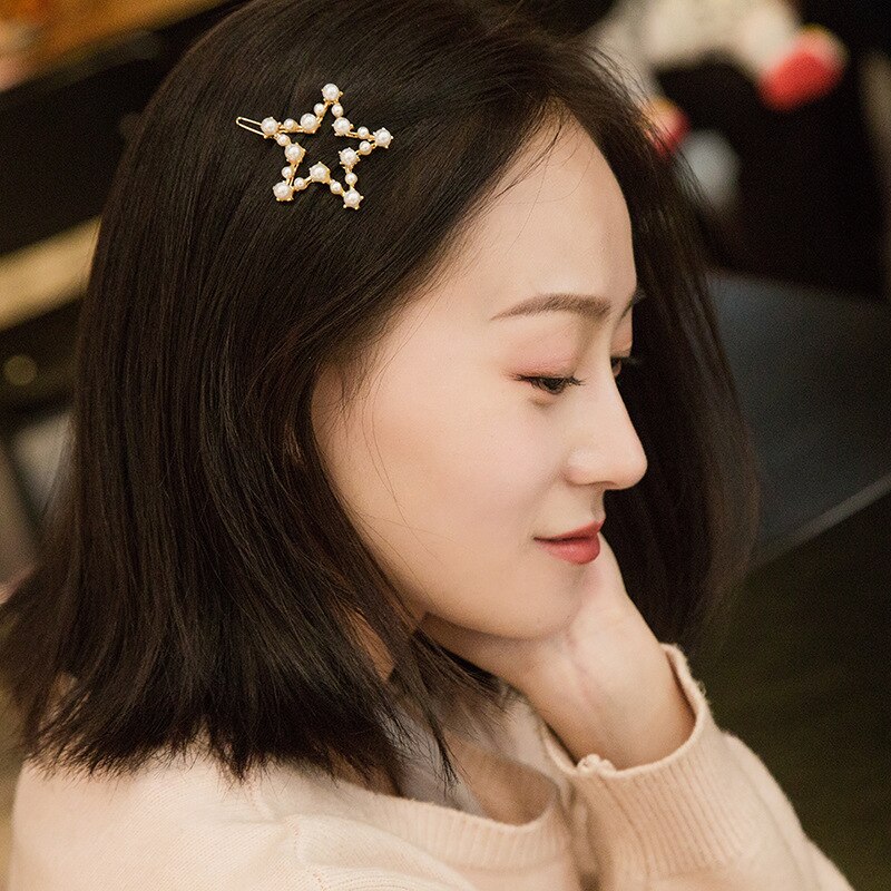 Pinza de pelo con perlas de imitación para mujer, broches de pelo hechos a mano con broche de estrella y corazón, accesorios geométricos para el cabello de Corea, 1 ud.