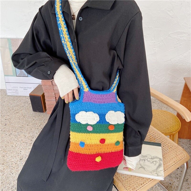 Tailândia arco-íris lona mensageiro saco de lã tricô tote bags para menina algodão pano bolsa de ombro feminino adorável estudante bolsa