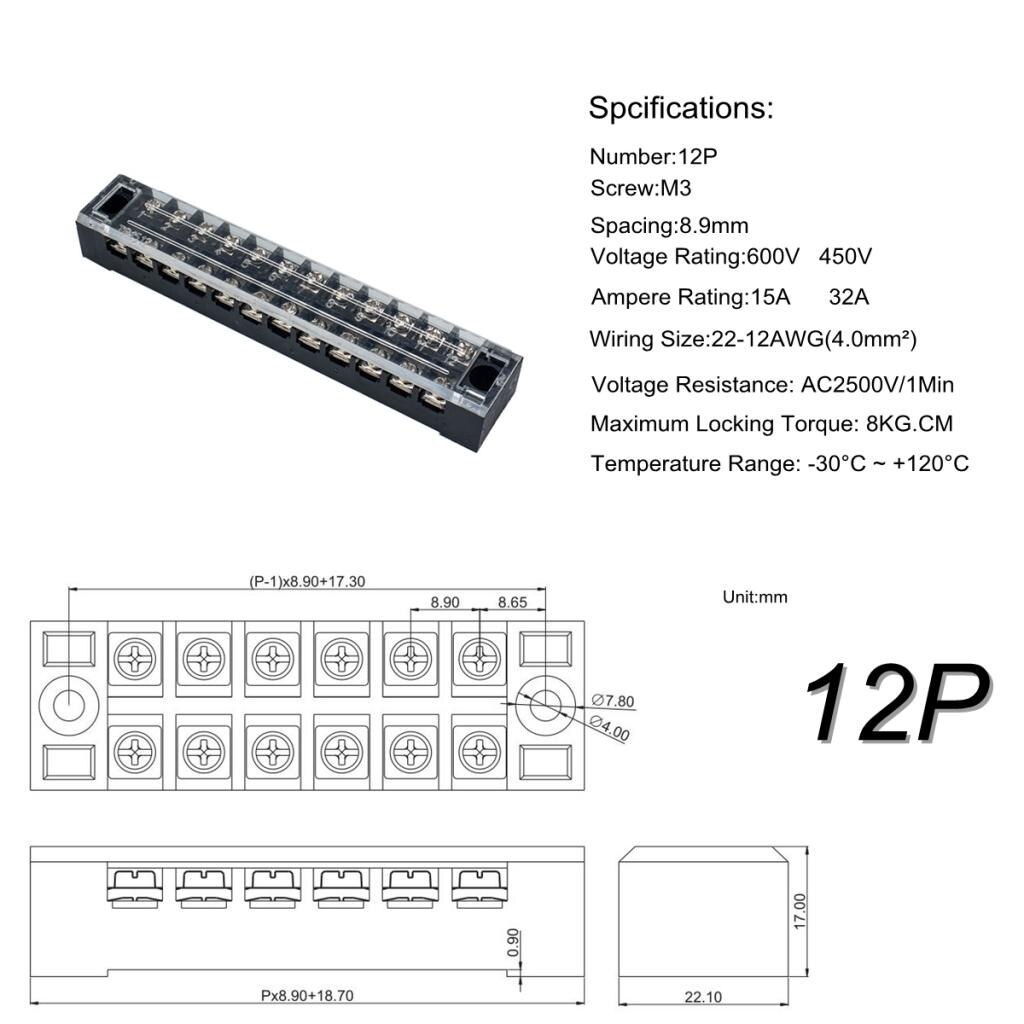 5Pcs Dual Row 12P Screw Barrier Terminal Block with Fork Terminal Barrier Strips