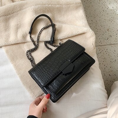 Stone Pattern Leather Crossbody Bag For Women Sac A Main Female Shoulder Bag Female Handbags And Purses With Handle: Black