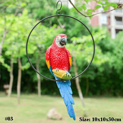 Hand Painted Red Yellow Blue Resin Parrot On Iron Circle Frame Garden Decor Hanging Ornament: No.03