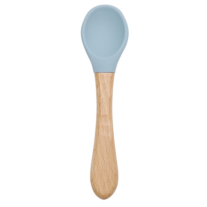 Cuchara de manija de madera silicona para alimentación de niños, utensilios para comer comida sólida, entrenamiento, capacidad de manipulación, vajilla