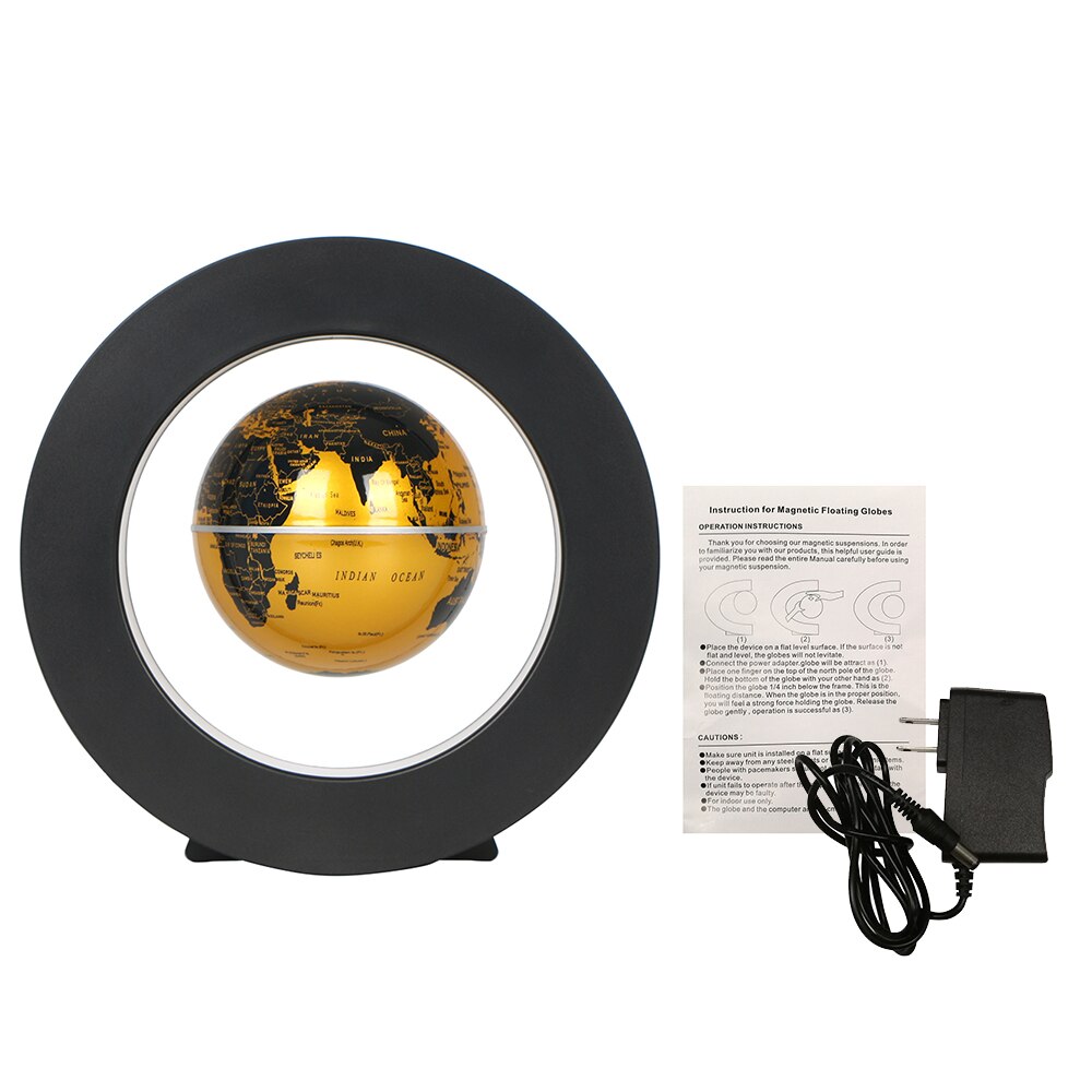 3.5inch Magnetic Levitation Floating Globe World Map Tellurion Anti Gravity with LED Light Round Shape Base for Home Office Desk: Gold US Plug
