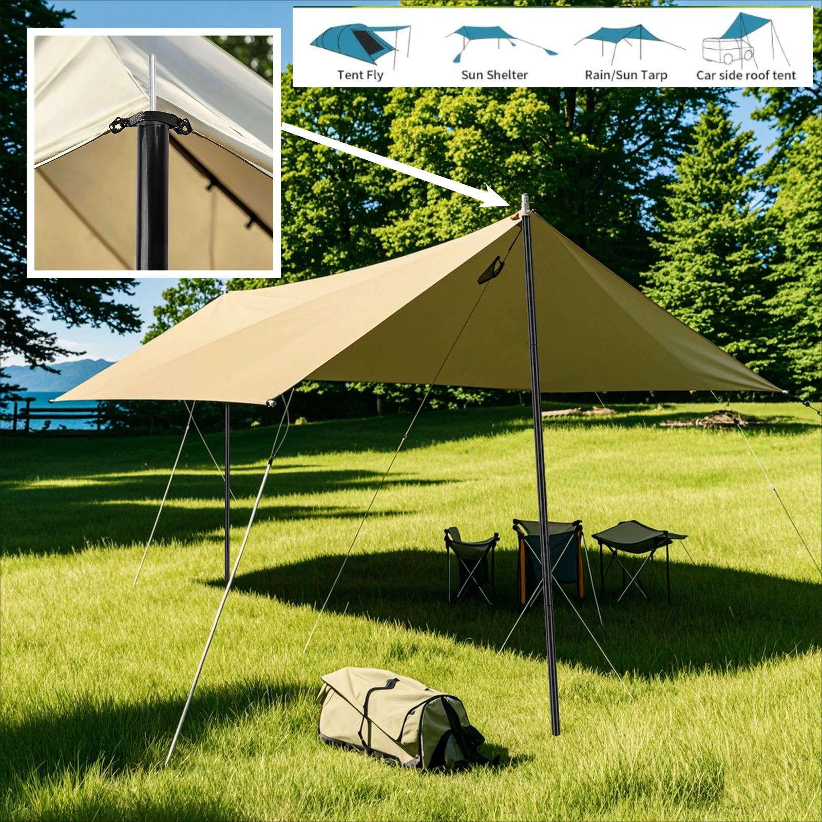 Tent Poles Camping Poles for Tarp Awning Canopy Shelter Sun Sail Tarpaulin Headroom Galvanized Steel Adjustable Telescoping Rods