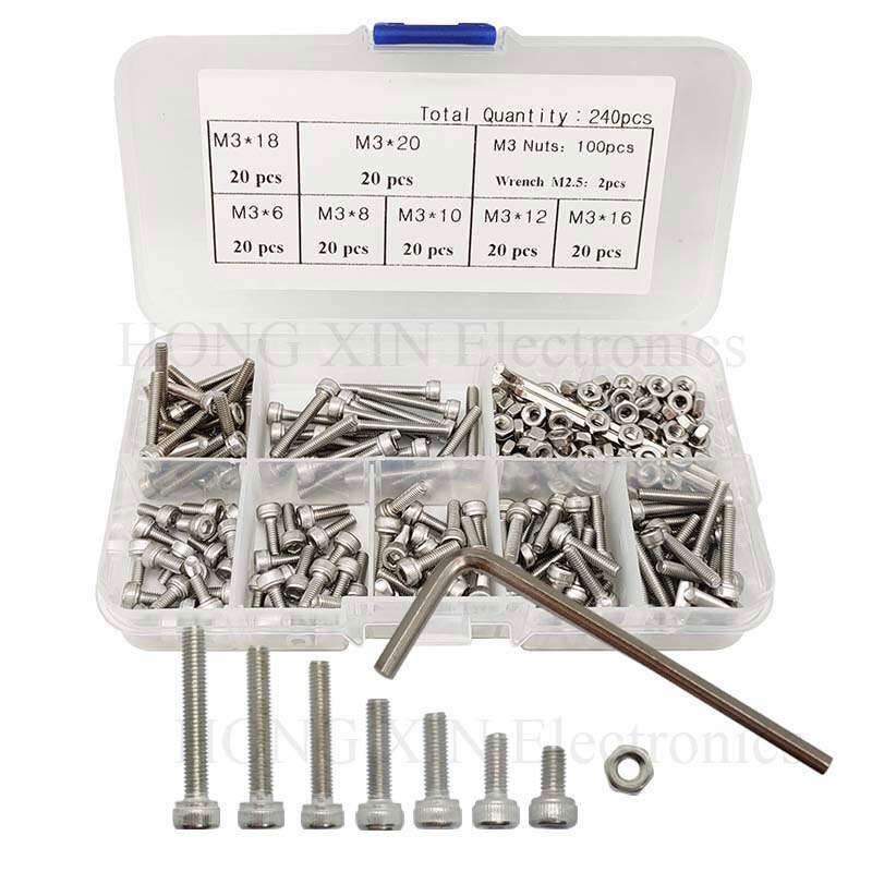 240 stk/set M3 Cap Hoofd Rvs Inbusschroeven Bolt met Hex Noten Assortiment Kit Fasteners met Plastic Doos schroef bolt