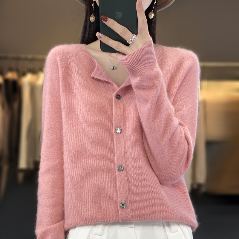 mujer 100% cárdigans de lana merina suéter de cachemira Otoño Invierno cuello redondo prendas de punto de manga larga ropa básica femenina Tops
