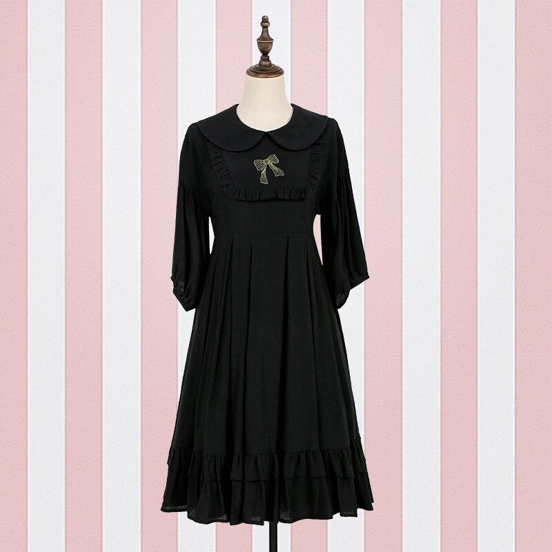 JSK Japan Style Lolita doll collar dress Vintage babydoll dress bishop sleeve Juicy pleated dress: black / M