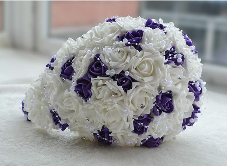 JaneVini Wasserfall Lila Brautstrauß mit Perlen Weiß Schaum Rosen Künstliche Blumen Hochzeit Blumensträuße Strauß De Mariage