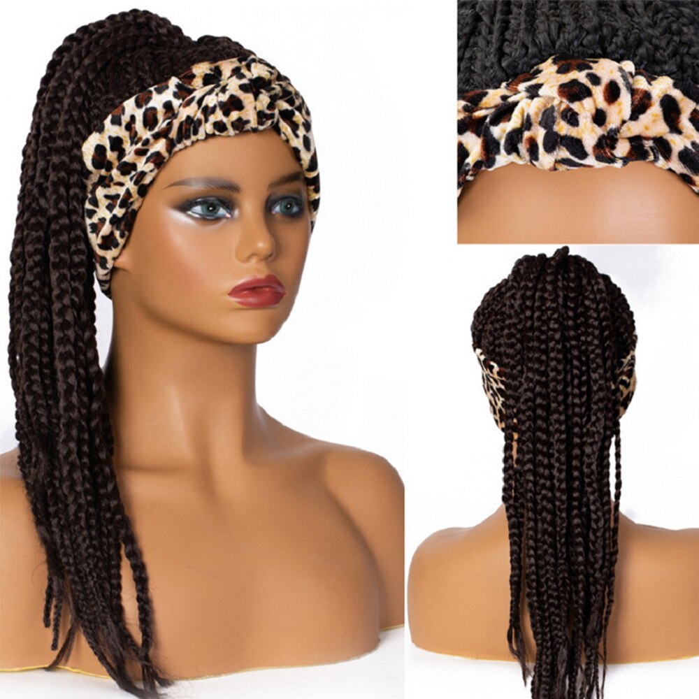 Braided Headband Wigs for African Women Box Braid Wig Synthetic Braiding Hair Leopard Turban Wrap Black Ponytail