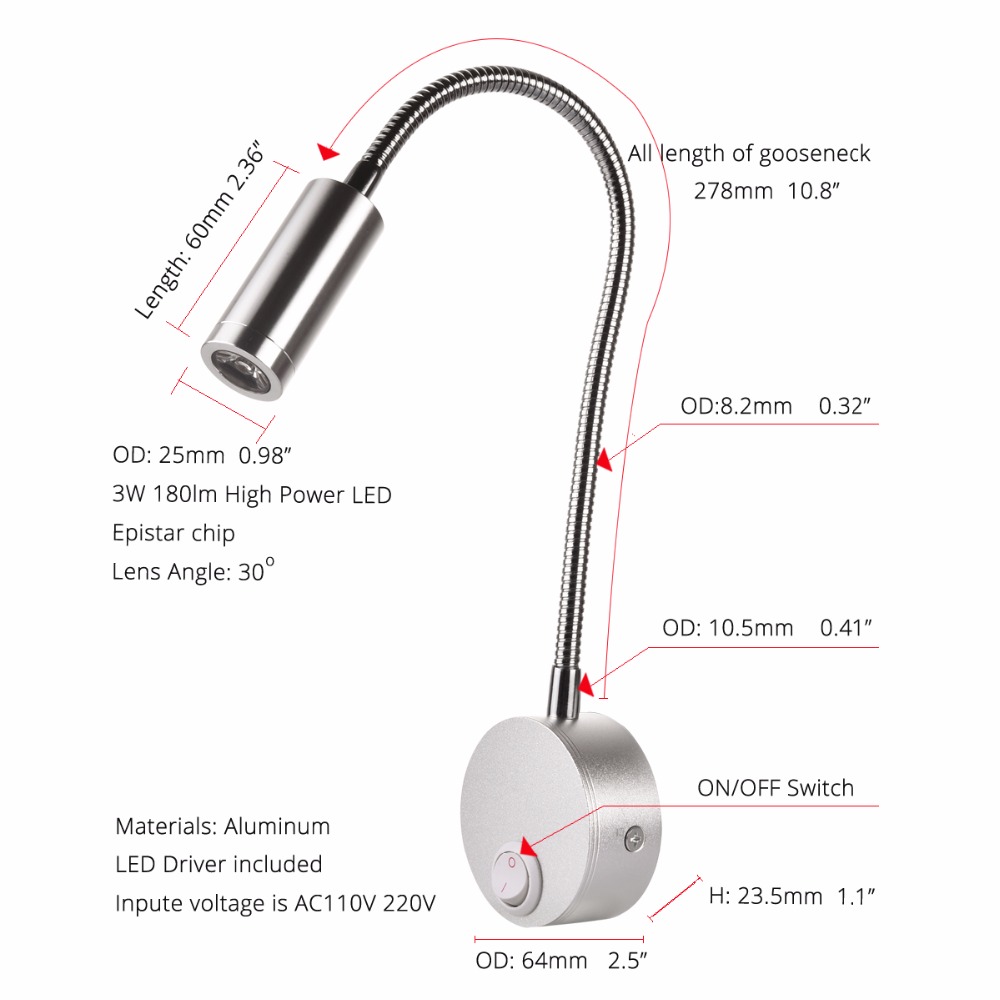 Vegglampe 3w hjemmehotell loft nattbord lesebok lys svart sølv lys fleksibel av/på bryter 90-260v få øye på ledet pære