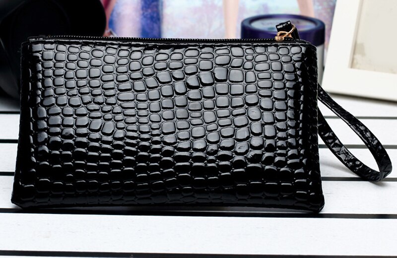 Kvindelig pu møntpung krokodille mønster kobling taske tegnebog med lynlås mobiltelefon håndtaske enkel solid for kvinder: Sort