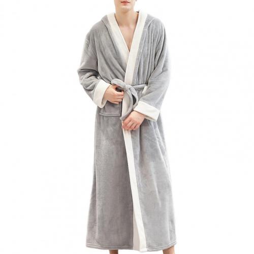 Men Autumn Winter Flannel Long Sleeve Maxi Bathrobe Pockets Hooded Sleepwear: Light Grey / L