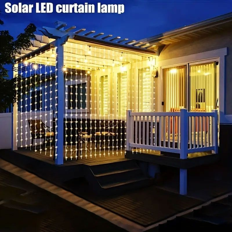 Cortina de luces LED solares de 6M/3M, 8 modos de iluminación, guirnaldas de luces para exteriores, cenador para de boda, decoración de jardín, iluminación navideña