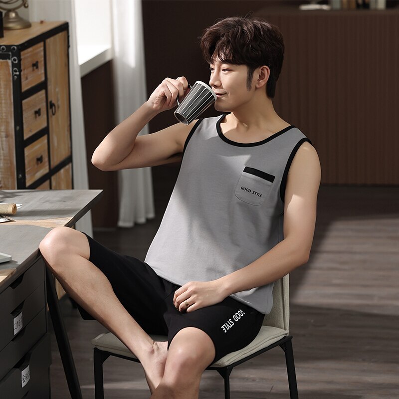 Summer Pajama Knitted Cotton Men Sleepwear Vest Pajamas Set Sleeveless Round Neck Loose Soft L-4XL Men&#39;s Clothing