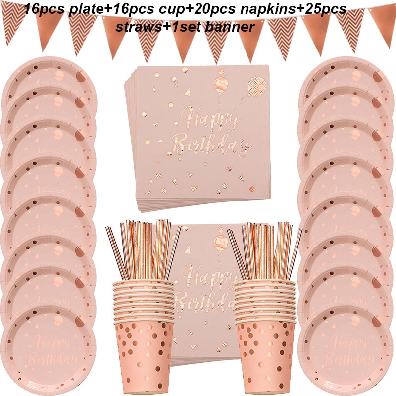 Gelukkige Verjaardag Decoraties Rose Gold dot Wegwerp Servies Papieren Borden Cup baby shower Meisje Kinderen Volwassen Verjaardagsfeestje Decor