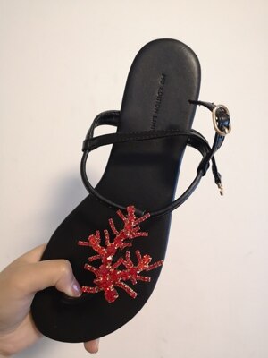 summer woman beach diamonds Red Coral flat sandal rhinestones Red Coral T strap flip-flop woman flat sandal INS Red Coral sandal