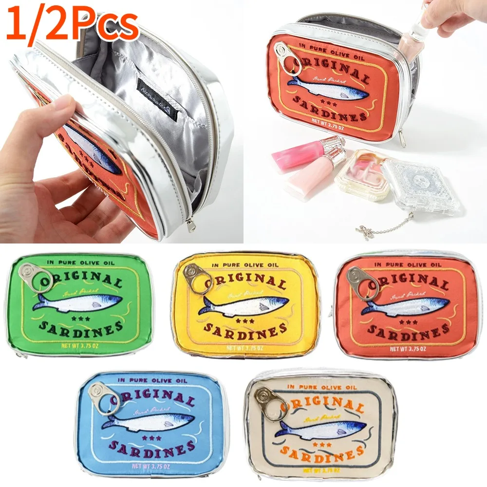 Bolsa de cosméticos bonita con forma de latas de sardinas, paquetes divertidos, bolsa de aseo portátil creativa, bolsas de maquillaje pequeñas y suaves con cremallera a la