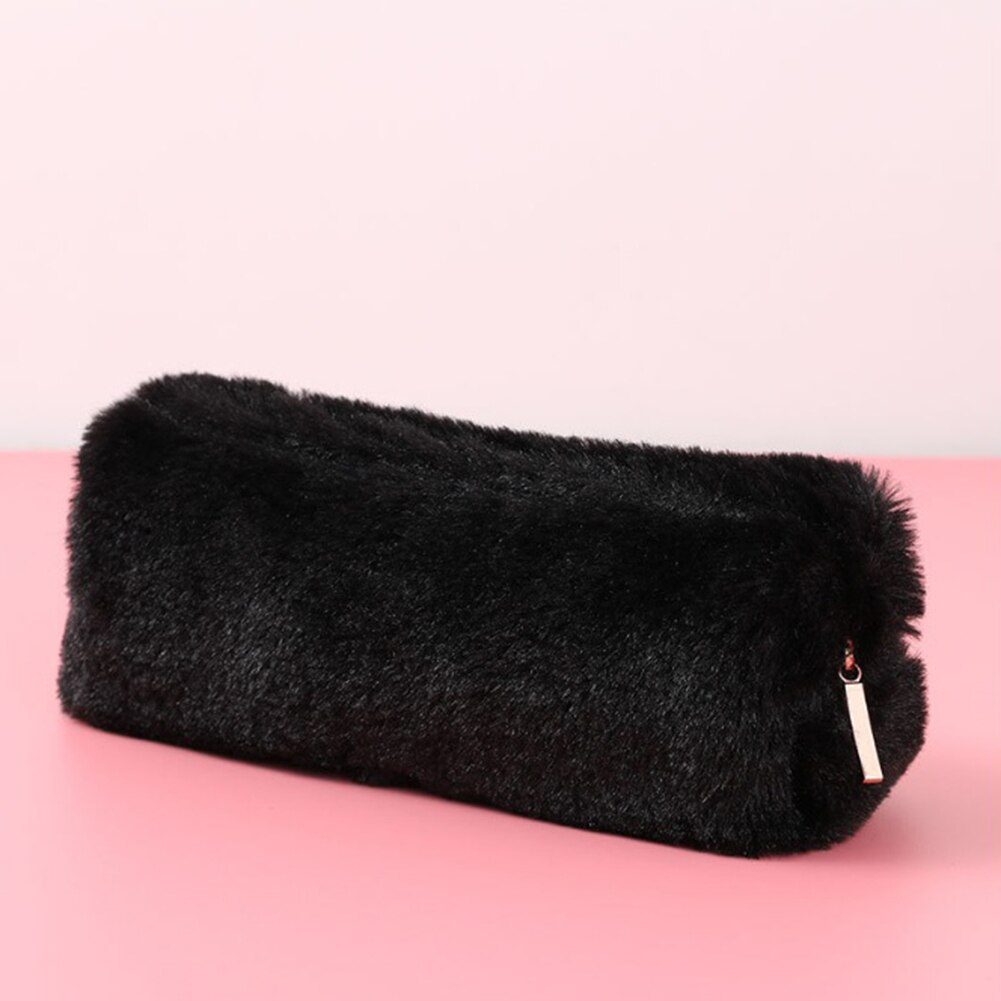 ¡Novedad de ! estuche para lápices con Oso de felpa esponjoso para chicas, bonito estuche para maquillaje, bolsa de almacenamiento suave para mujeres, bolsa para cosméticos de Color sólido suave para chicas: Black