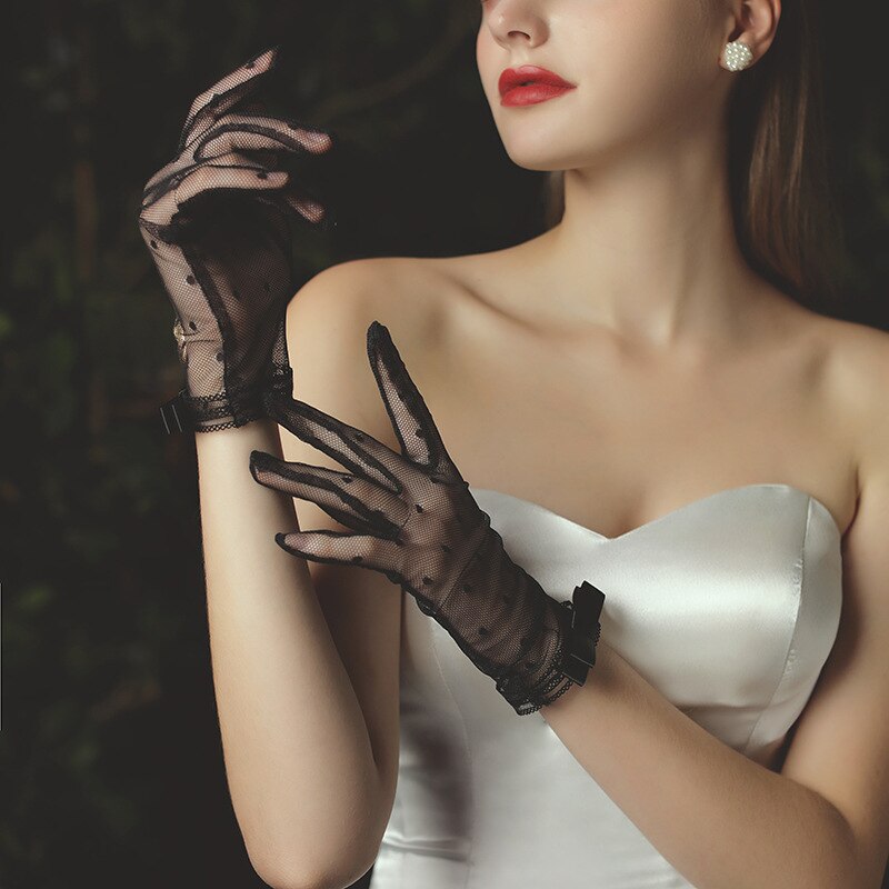 Female Gloves Transparent Dot Tulle Fishnet Gloves Black Bow Wrist Length Bridal Gloves Finger Short Mittens Wedding Accessories