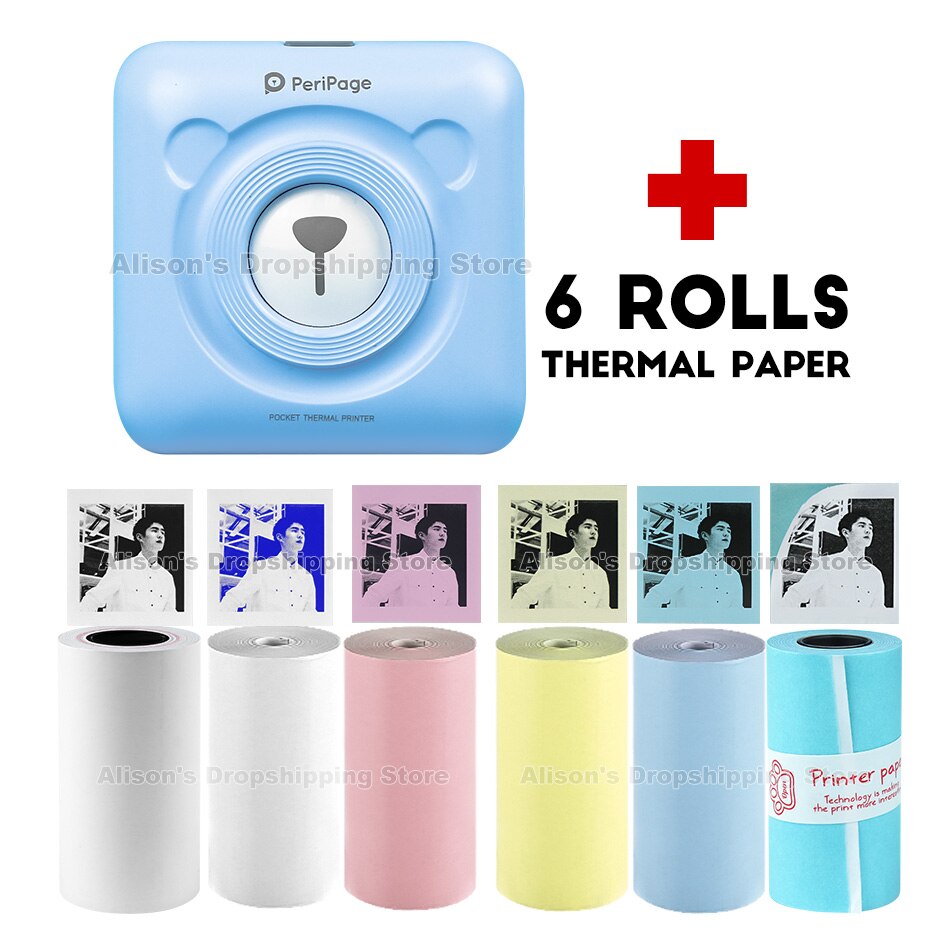 Pocket Printer 58 Mm Mini Draagbare Bluetooth Draadloze Paper Photo Printer Pocket Thermische Afdrukken Usb Verbinding Impresoras Fotos: Blue-6-ROLLS Paper
