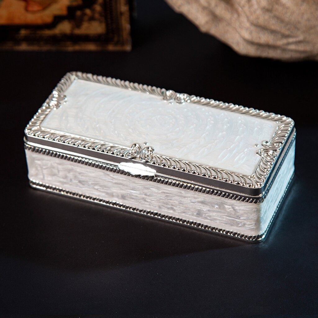 Retro Engraved Jewelry Storage Box Rectangle Trinkets Organizer Case Treasure Chest, Silver or Gold: Silver