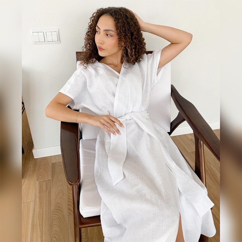 Hiloc White Cotton Dresses Short Batwing Sleeve Spring Bathrobes Mid-Calf Night Dress Women Kimono Dressing Gown 2022 Spring