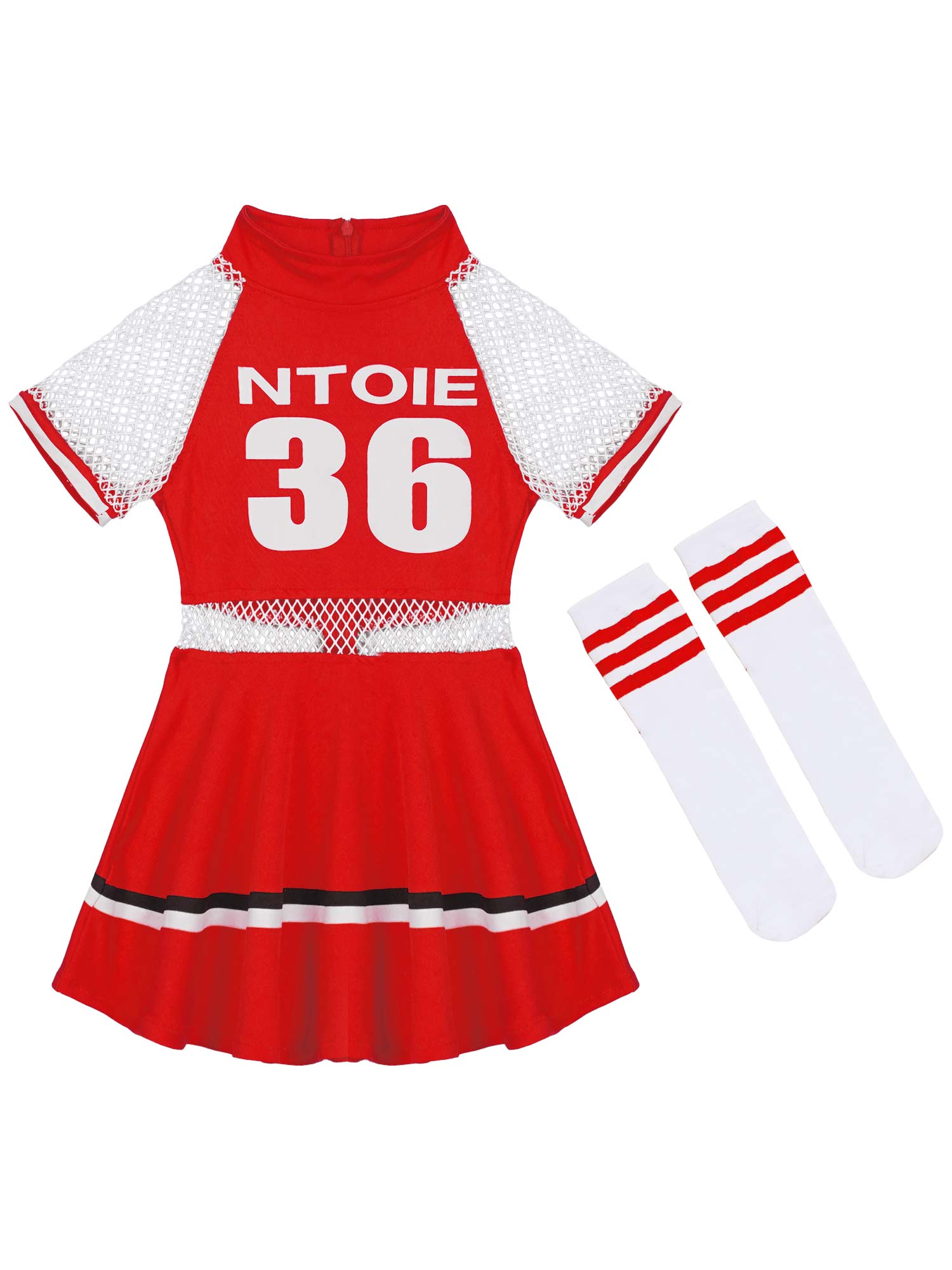 Kids Girls CheerleadingsPerformance Clothes Fishnet Short Sleeve Round Neckline Letter Number Print Dance Dress with Socks