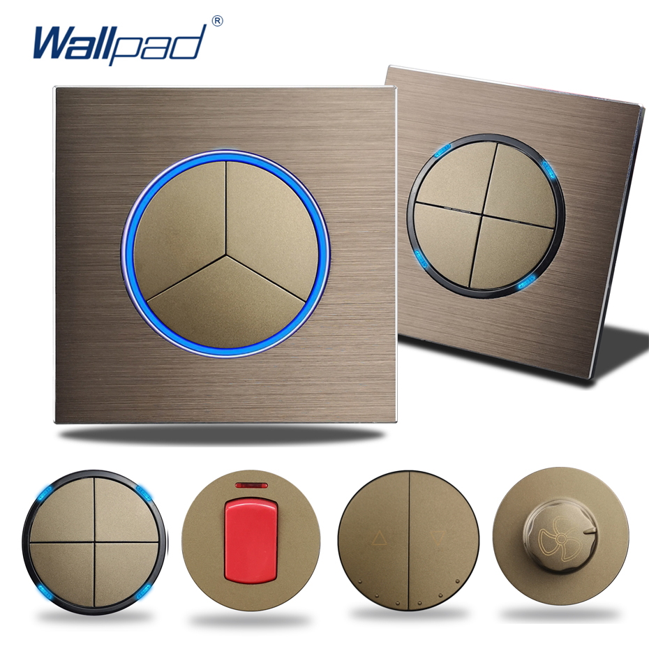 Bruine Wandschakelaar Met Ronde Led-Lichtknop 1 2 3 4 Bende Lichtschakelaar Geborsteld Aluminium Metalen Paneel, L6 Serie