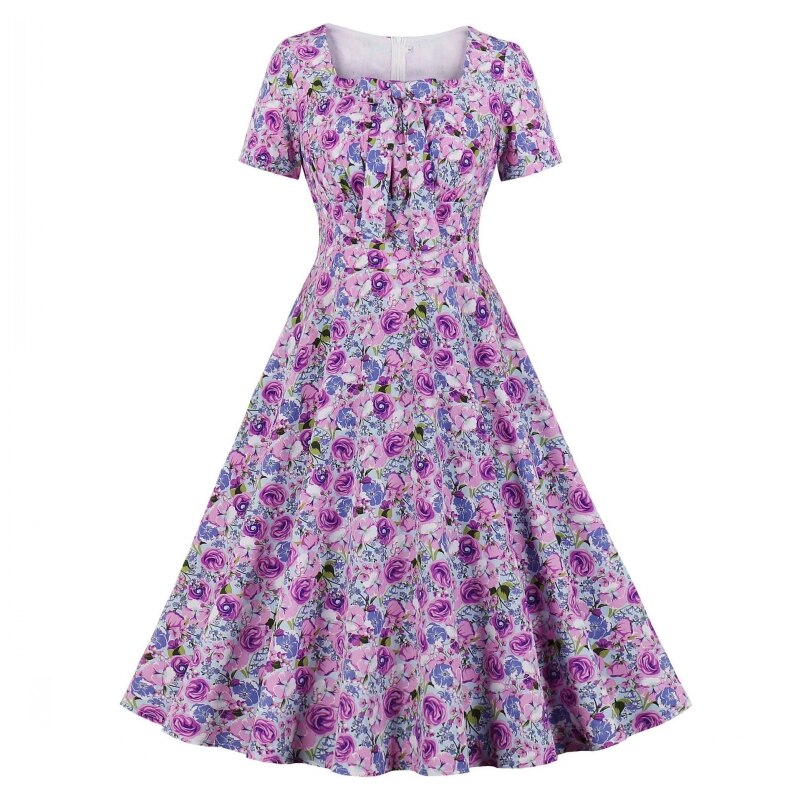 Robe mi-longue rétro Vintage années 50 et 60 pour femmes, imprimé floral, Rockabilly, Swing, Robe d'été élégante, tunique: rose purple / S
