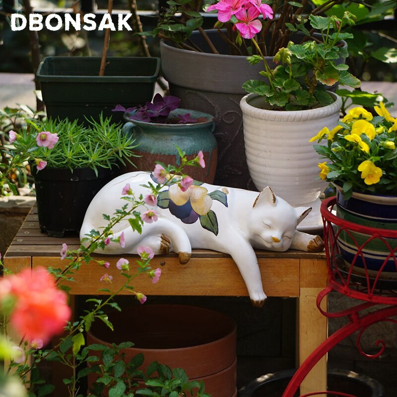 Luie Kat Sculptuur Dier Witte Kat Standbeeld Hars Bloem Kat Kitty Gazon Landschap Dier Ambachten Sculptuur Bloem Stand Decor