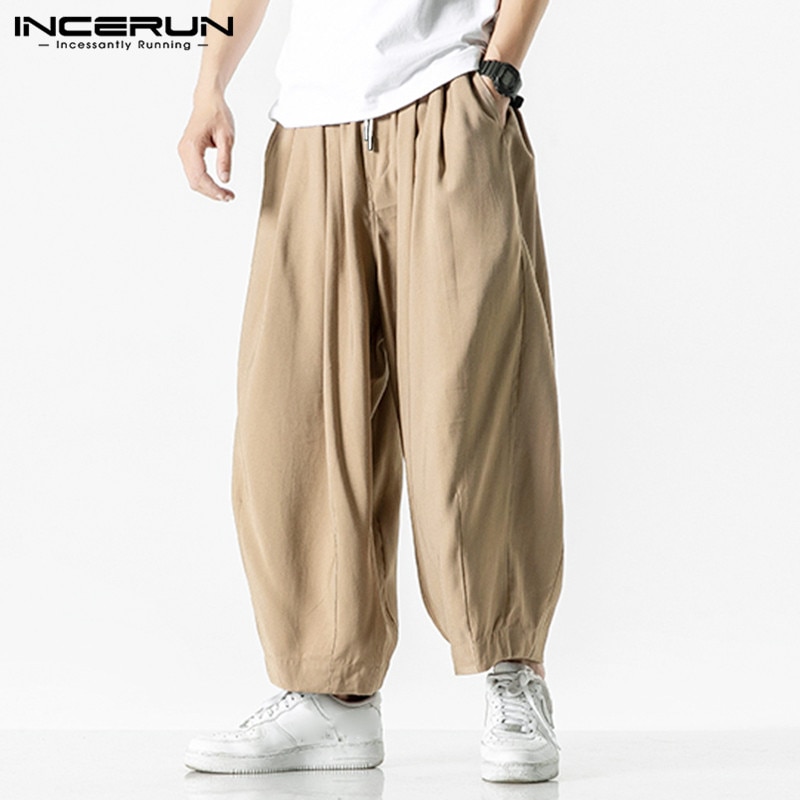 Men Wide Leg Pants 2022 Drawstring Joggers Plain Pockets High Street Casual Trousers Men Baggy Harem Pants INCERUN S-5XL