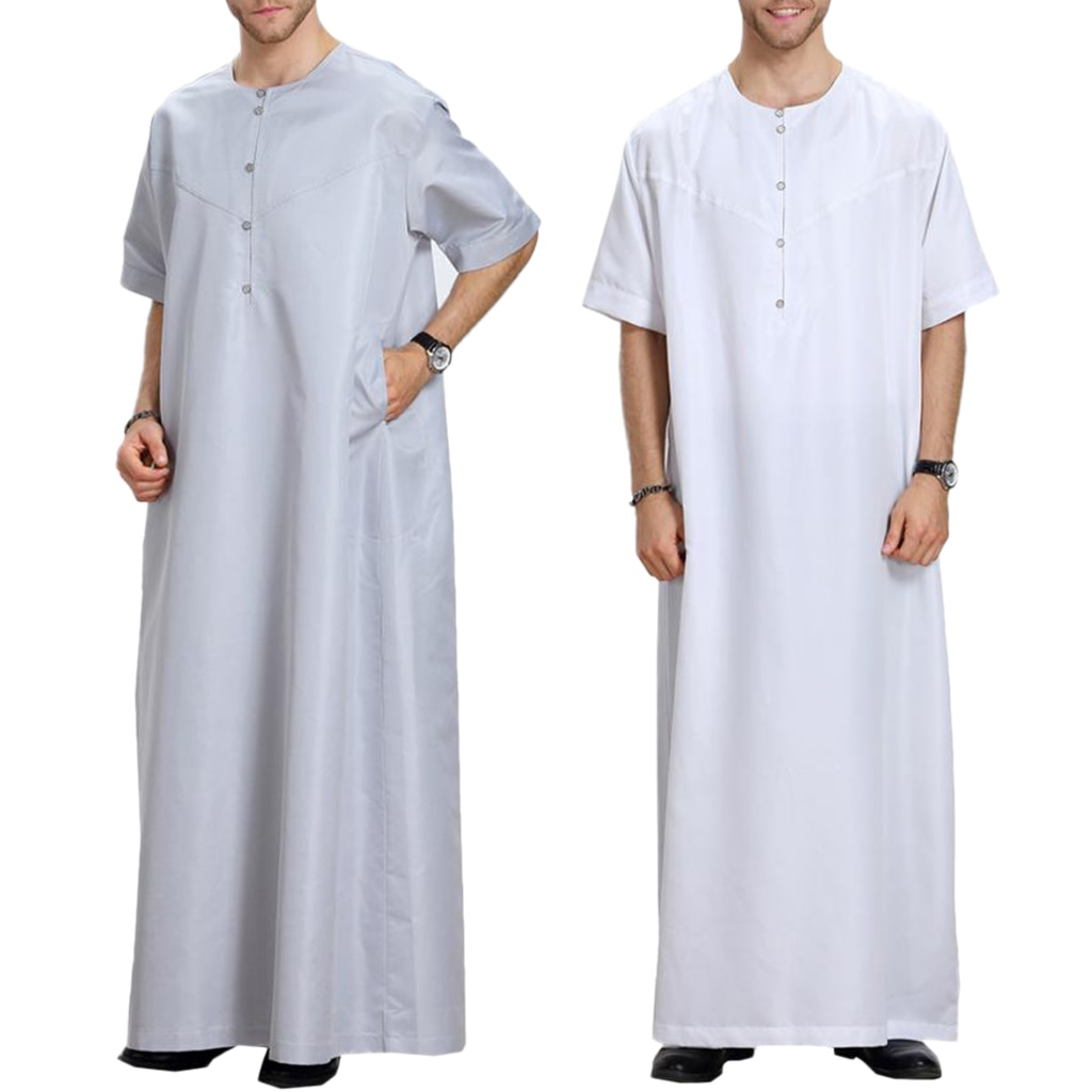 Mænds korte ærmer solid afslappet muslimsk arabisk thobe fuld længde tø kaftan