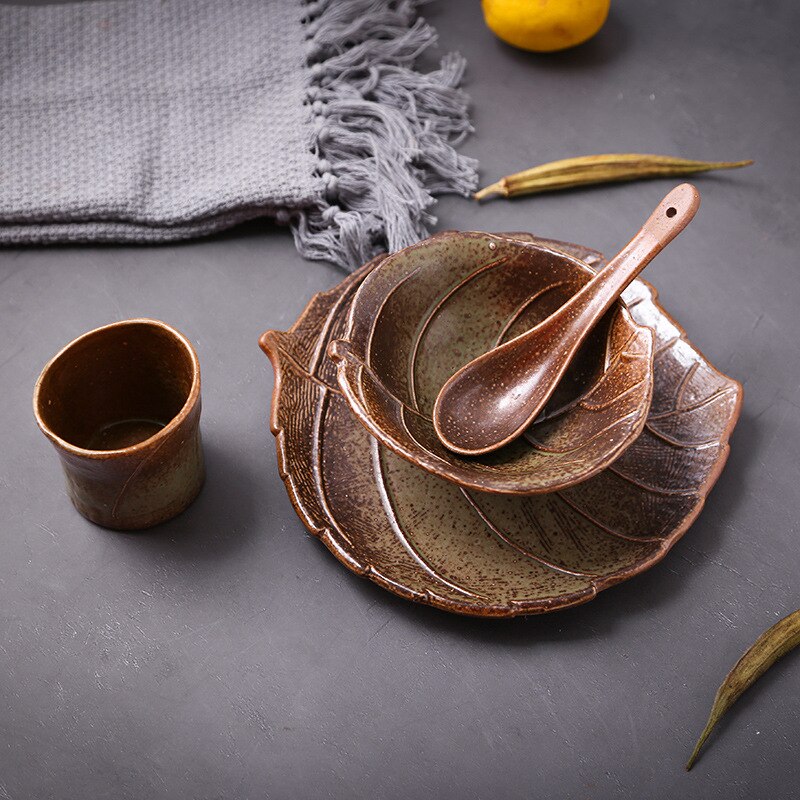 Japanese leaf shape bowl plate spoon ceramic tableware suit: 1 set