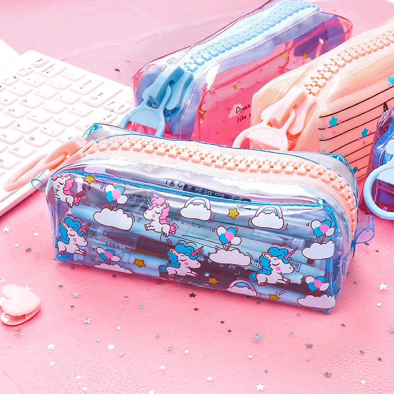 Estuche transparente de unicornio para lápices, estuche escolar de gran capacidad con cremallera, bolsa de almacenamiento, caja de suministros para la escuela, de papelería